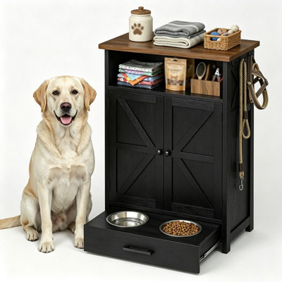Farmhouse Dog Feeding Station Cabinet with Elevated Stainless Steel Bowls, Pull Out Pet Feeder Drawer, Dog Food Storage Cabinet with Side Hooks, Pet Supplies Organizer for Home