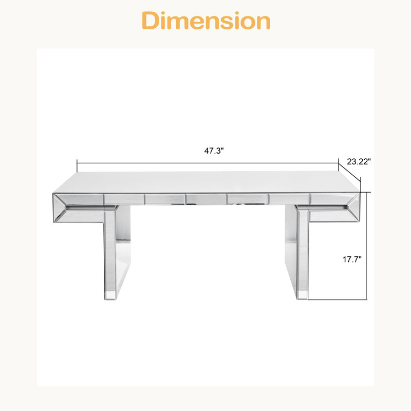 Table basse à miroir rectangulaire de luxe 47 pouces avec verre trempé cannelé, table d'appoint moderne pour canapé, assemblage facile en 2 étapes, style luxueux léger, emballage renforcé
