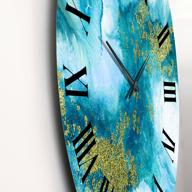 Horloge murale moderne bleue avec paillettes dorées, Grand