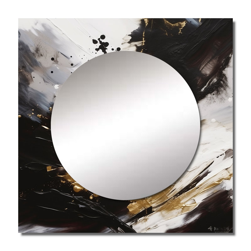 «River Happiness» abstrait doré noir blanc III - art abstrait carré de miroir mural de salon, 23 po x 23 po