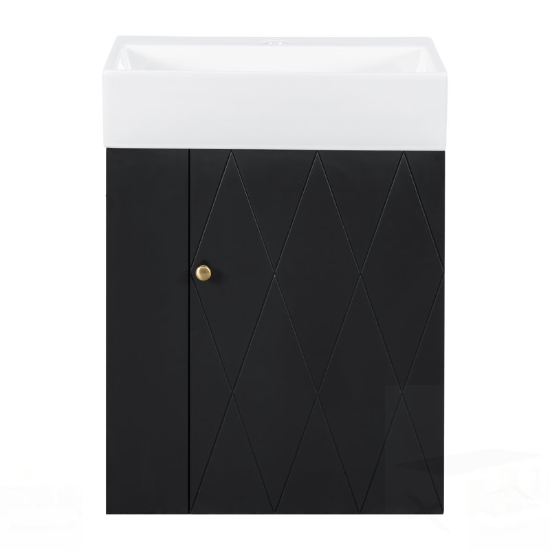 Meuble-lavabo de salle de bain avec lavabo en céramique, porte à motif de losanges, poignée et tablettes de rangement latérales pour les petits espaces modernes