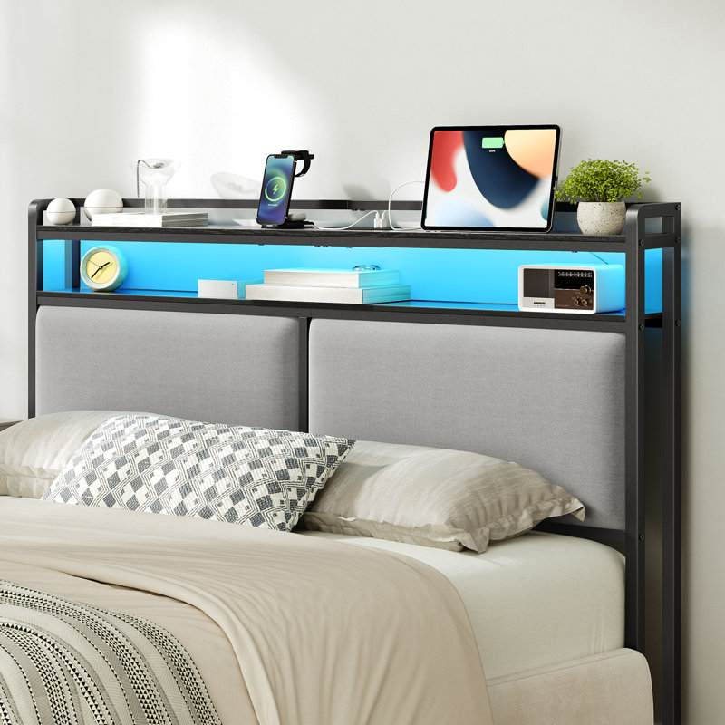 Makieh Upholstered Headborad with Charging Station and Led Lights, Queen
