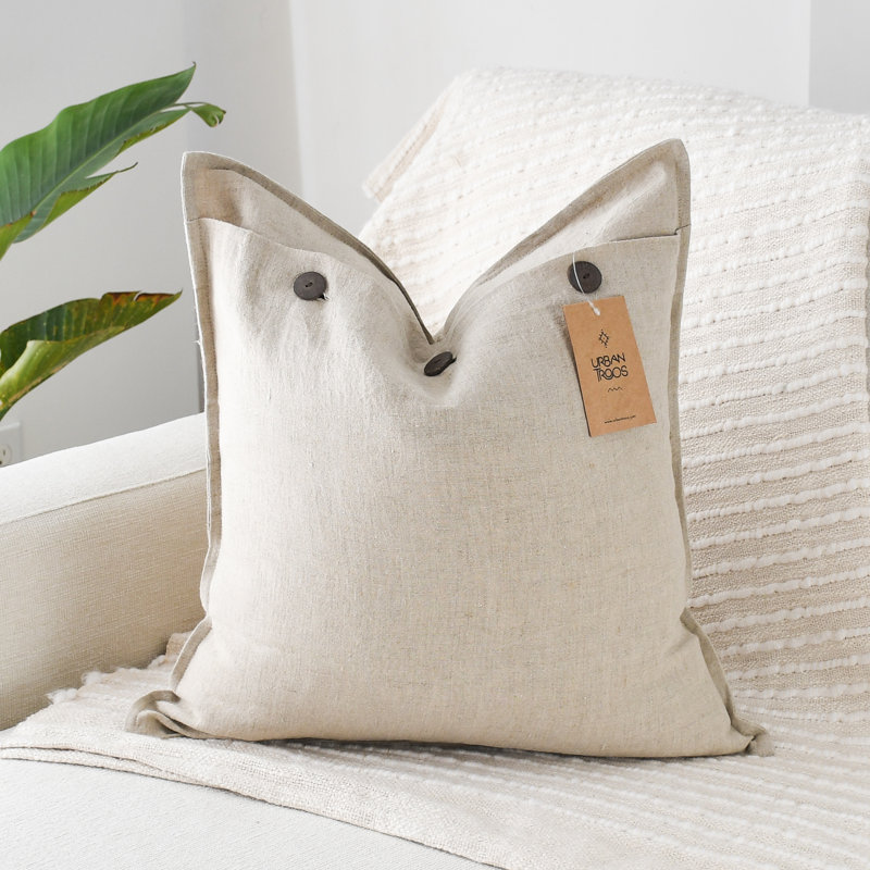 India Chic Linen Throw Square Pillow Cover, Beige, 20" x 20"