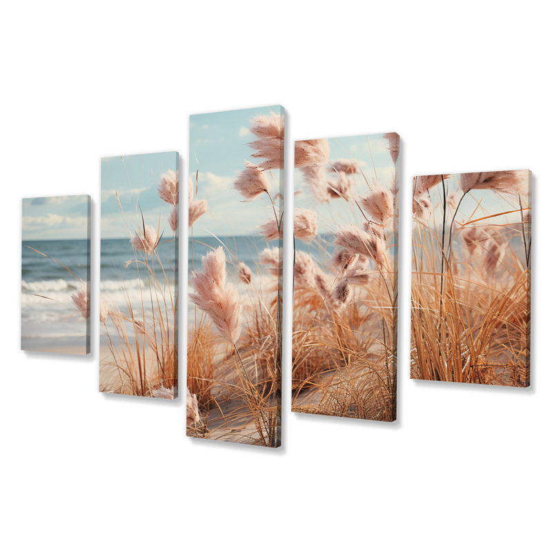 «Ocean Spring Bliss Tender Pastel Beach Grass I», reproduction d'art mural plage - 5 panneaux
