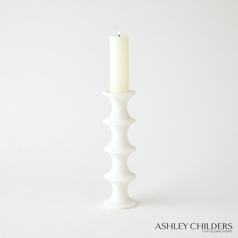 Ridge Alabaster Candlestick-Lg, 12.5" H x 3.5" W x 3.5" D, White