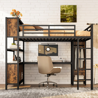 Grand lit mezzanine en métal avec garde-robe et bureau en L, tablettes et cubes de rangement, lit mezzanine robuste pour enfants, adolescents et adultes