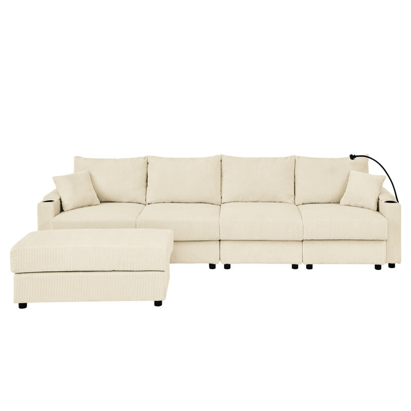Chaise en velours côtelé avec rangement, porte-gobelets et porte-téléphone, chaise de salon moderne en forme de L, Beige