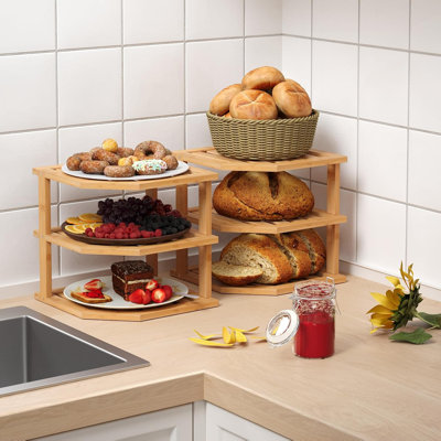 Égouttoir à vaisselle en bambou à 3 niveaux, tablette de coin (paquet de 2) (naturel) | Rangement pour garde-manger, support à vaisselle, support à épices, organisateur de coin, tablettes de comptoir de cuisine, rangement de cuisine, assiettes