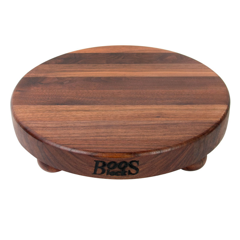 Planche à découper ronde en noyer grain de 1,5 po avec pieds en bois