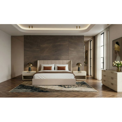 Ensemble de chambre à coucher 4 pièces Lutz - Tissu moderne brun clair et faux travertin
