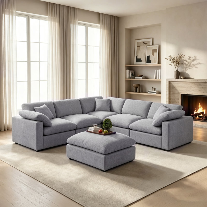  Aldora 6-Piece Upholstered Corner Sectional with Reversible Ottoman, Gray