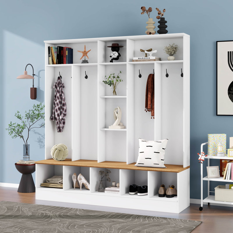 Arbre d'entrée 4 en 1 avec banc de rangement, armoire à chaussures avec rangement cubique et tablettes, portemanteau multifonctionnel avec 8 crochets pour vestibule vestibule