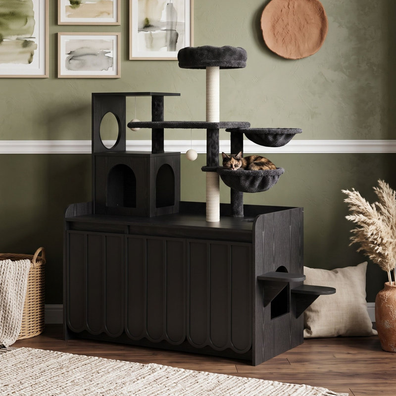 Arbre à chat avec armoire de rangement, poteaux à griffer en sisal, hamacs doubles, jouets suspendus et perchoir supérieur
