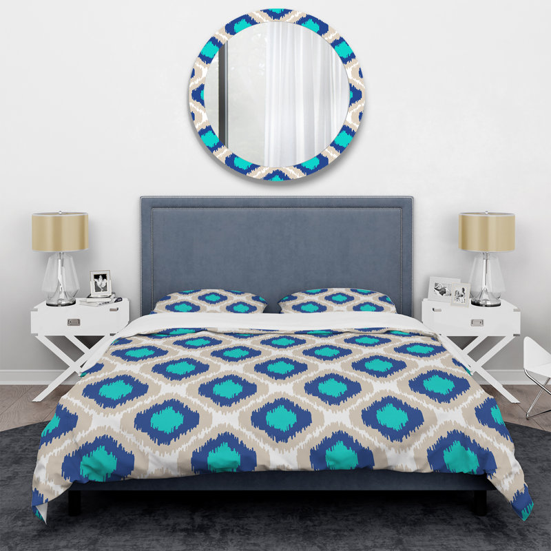 Blue Ikat Ogee - Ensemble de housse de couette abstrait - Microfibre de polyester