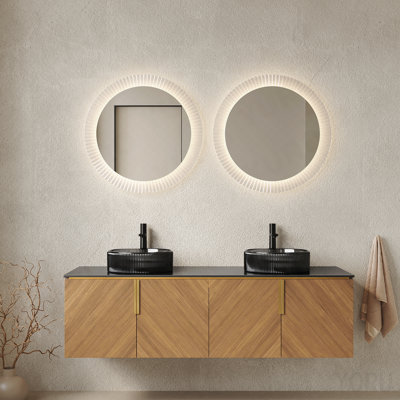 60" Bathroom Vanity&Sink, Modern Wall-Mounted Plywood Bathroom Storage Cabinet With 4 Doors, 2 Transparent Black Round Glass Basins & Black Sintered Stone Countertop, Brown Oak Woodgrain Color