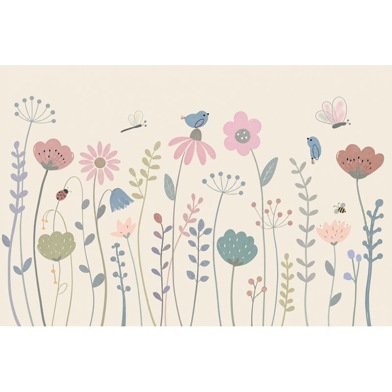 Papier peint floral prairie fantaisiste pastel amovible, 140 po x 108 po, Non tissé