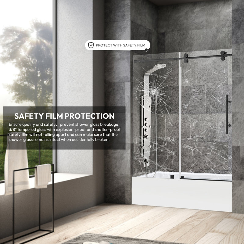 60" x 58" Matte Black Frameless Sliding Tub Door