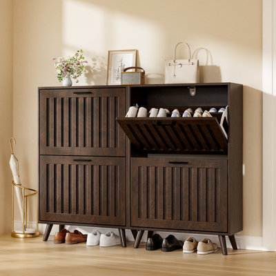 Entry Shoe Cabinet With 2 Flip Drawers, Freestanding Wooden Grooved Board Shoe Cabinet,Black
