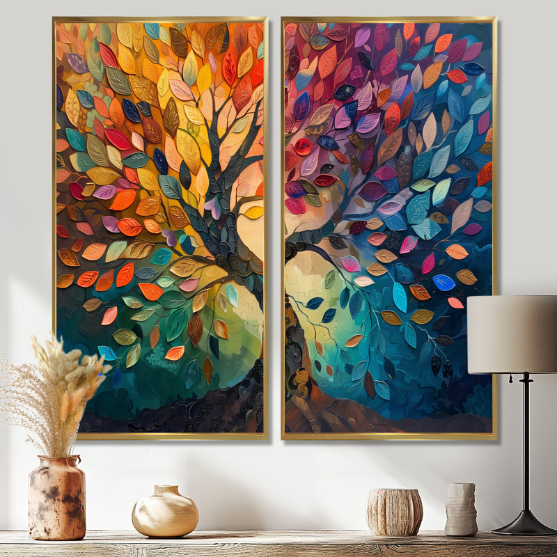 Colorful Tree Of Life II - Landscapes Tree Of Life Wall Decor 2 Pieces, 32" H x 32" W, Framed Print without Mat, Gold