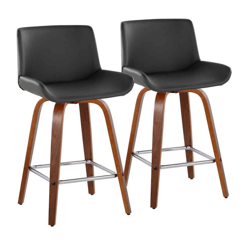 Rondell 25" Fixed-Height Counter Stools with Square Footrests, Gray Faux Leather/Walnut Frame