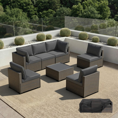  Ensemble de conversation pour patio 7 pièces, avec revêtement de qualité supérieure, ensemble modulaire d'extérieur pour patio, canapé modulaire en rotin et osier pour cour, jardin, bord de piscine, balcon, porche, patio, brun / gris foncé