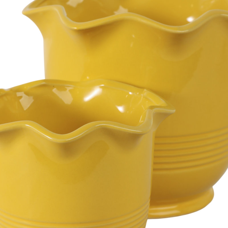 Planter Ceramic Scalloped Rim Ribbed Design Set Of 2, Yellow