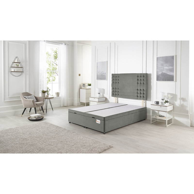 Luxara Solid Wood Ottoman Bed End Opening with Upholstered Headboard Tweed Fabric, Single (3'), Silver Linen
