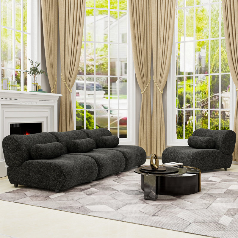 4 chenilles modulaires surdimensionnées, noires avec coussins cylindriques confortables pour la vie et la maison dans des coussins élégants en tissu, salon