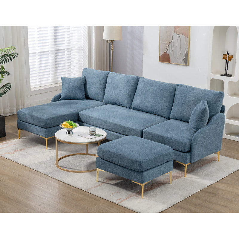 Fleurine Upholstered L-Shaped Sectional Reversible, Blue Polyester 