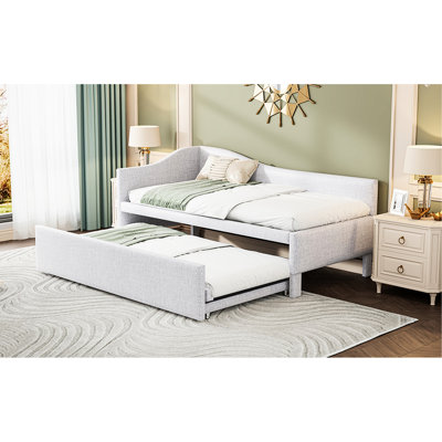 Lit de jour simple rembourré en L avec lit gigogne beige, extensible du au très grand lit, idéal pour les chambres d'amis Lit gigogne beige, pour chambre à coucher et coin lecture