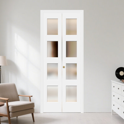 79" Height 4-lite Frosted Glass Solid Core Wooden Bi-fold Door With Installation Hardware Kit