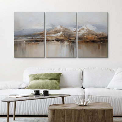 Abstrait paysage hivernal, automne, aquarelle, chaîne de montagnes pastel, art moderne, décoration rustique, détente / calme sur toile, 3 pièces