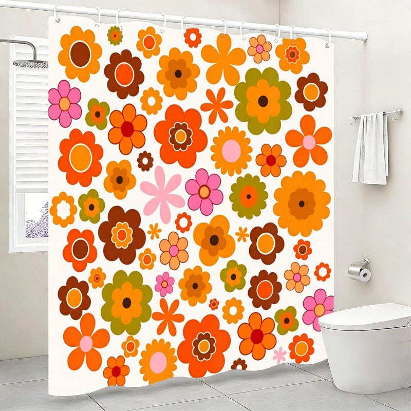 Rideau de bain rétro à imprimé floral avec crochets, 72 po x 72 po (180 x 180 cm), orange