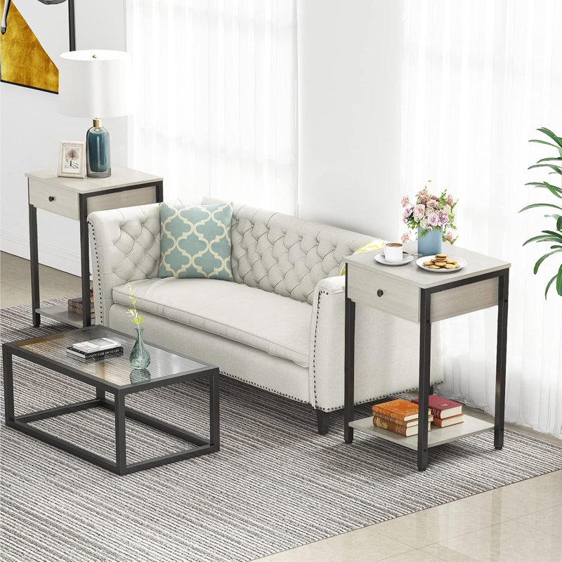 Nightstand Set Of 2 Modern End Table Side Table With Drawer And Storage Shelf Wood Night Stand Greige Bedside Table For Bedroom, Living Room, Sofa Couch, Hall, Easy Assembly