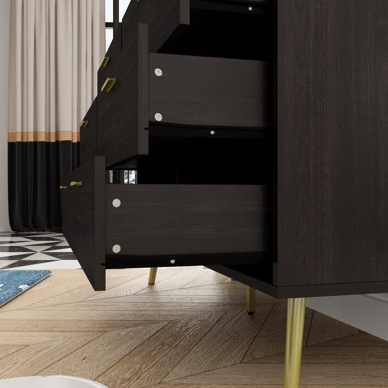 Commode d'appoint 6 tiroirs avec pieds en métal Ololade, Marron foncé