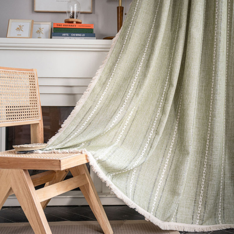 Cheron Windows Green Striped Embroidery Curtains Crochet Vintage Cotton Tassel Curtains （Set of 2）, 51" W x 71" H