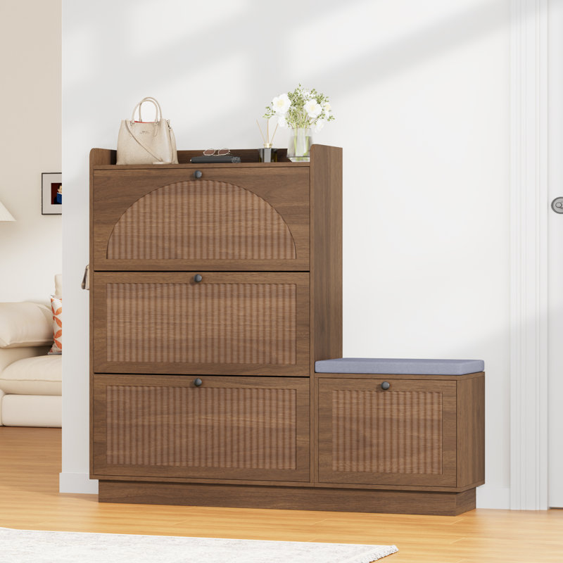 Armoire à chaussures à 3 niveaux avec banc à chaussures, tablettes amovibles, Walnut
