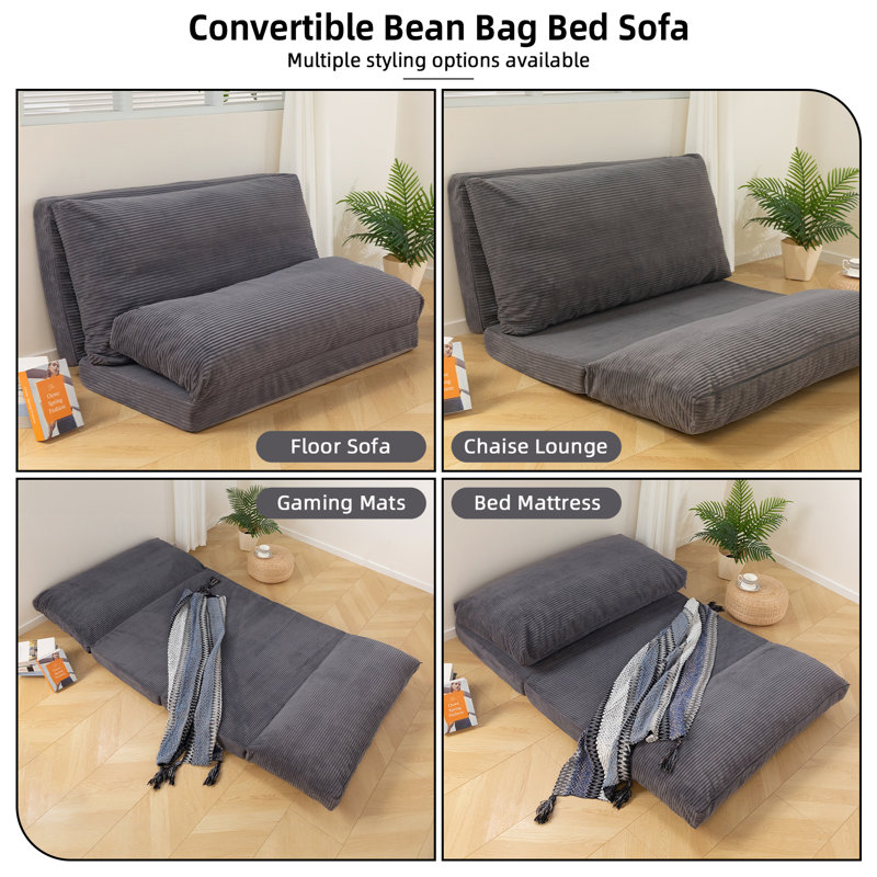 Bean Bag Lounger, 30" H x 47.2" W x 30" D, Corduroy Gray