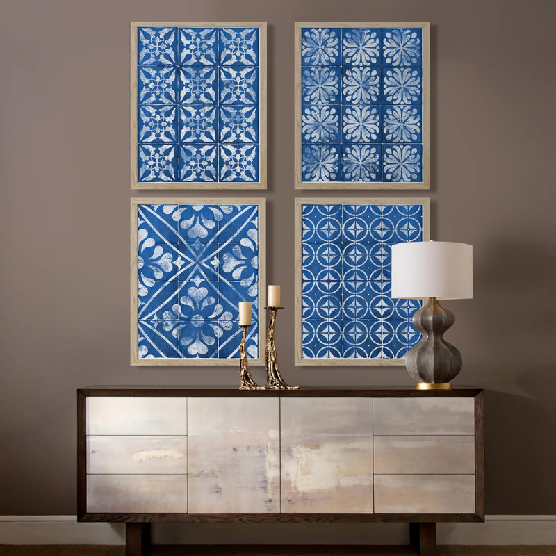 " Navy Blue Geometric Pattern " 4 Piece Art Print, Natural, 14" H x 11" W