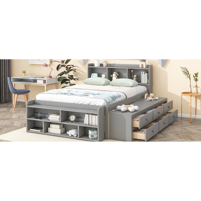 Lit double gris avec tête de lit pratique et options de rangement pour bibliothèque et dessous de lit, couleur