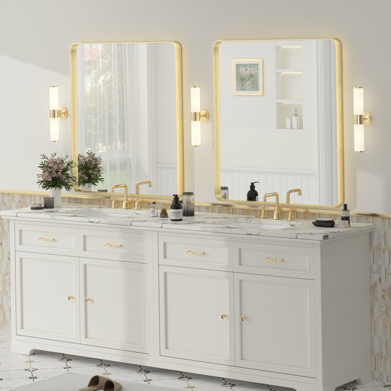 Molly Tempered Glass and Metal Framed French Cleat Mounted Wall Bathroom / Vanity Mirror, 36" x 32", Gold