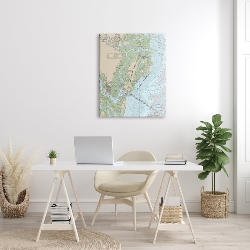 Carte nautique traditionnelle de l'île de St. Simons - bleu vert par Daphne Polselli - impression, H 40 po x l 30 po