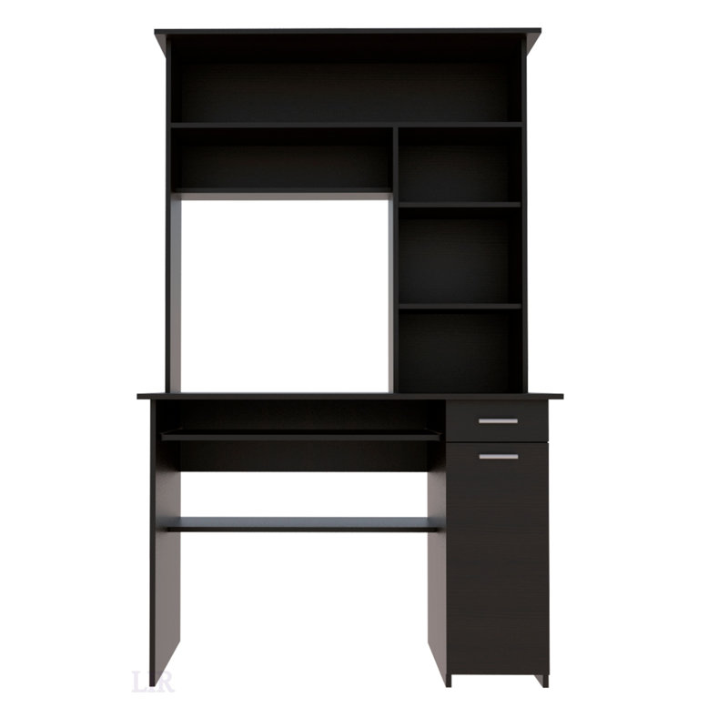 Compu 180 Hutch Desk With Multiple Shelves, Keyboard Tray, CPU Panel, And One Drawer - For Organized Workspaces, Black
