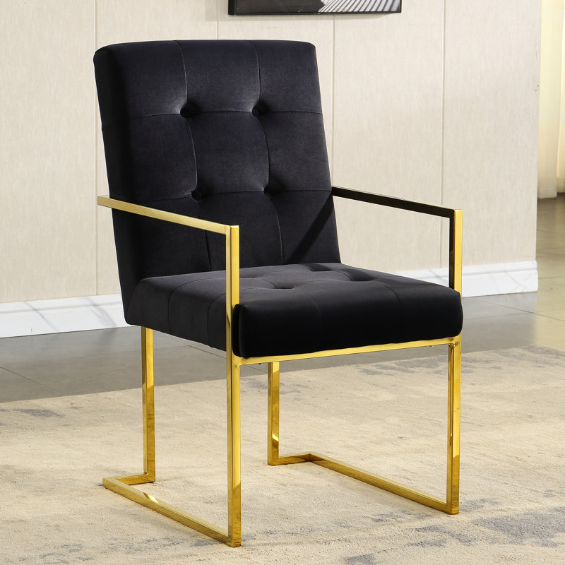 Chaise avec accoudoirs moderne en velours noir, base scintillante, facile à assembler et structure noire en acier inoxydable