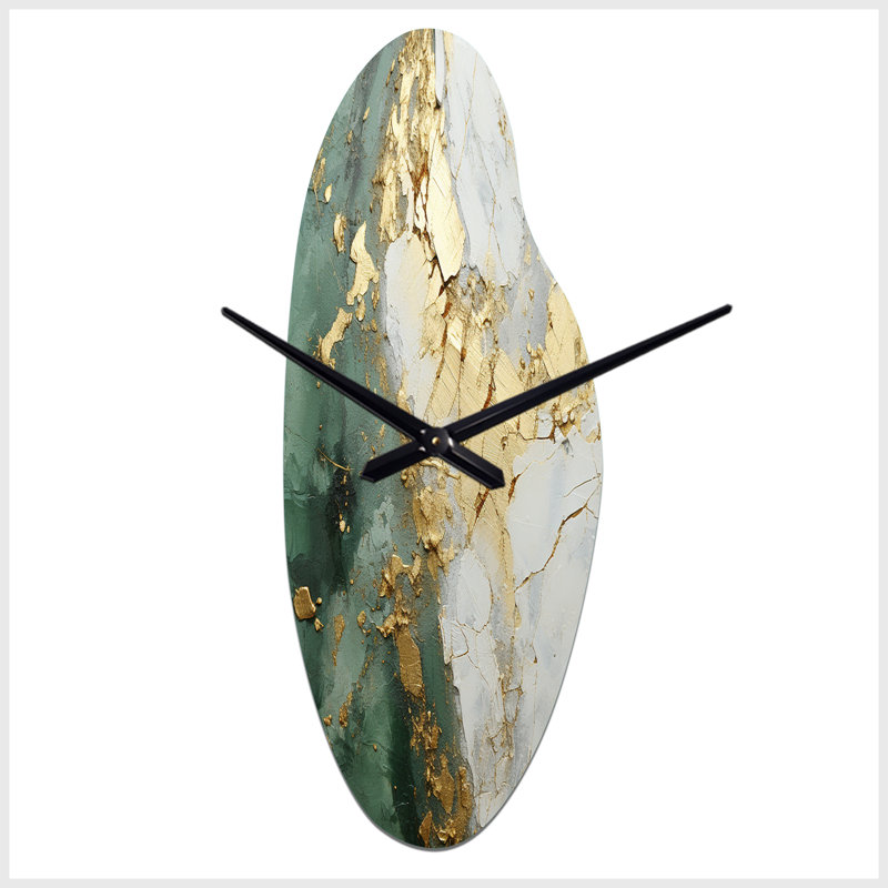Or et vert peinture fusion - peinture abstraite horloges murales asymétriques en métal, horloge murale incurvée beige, Médium