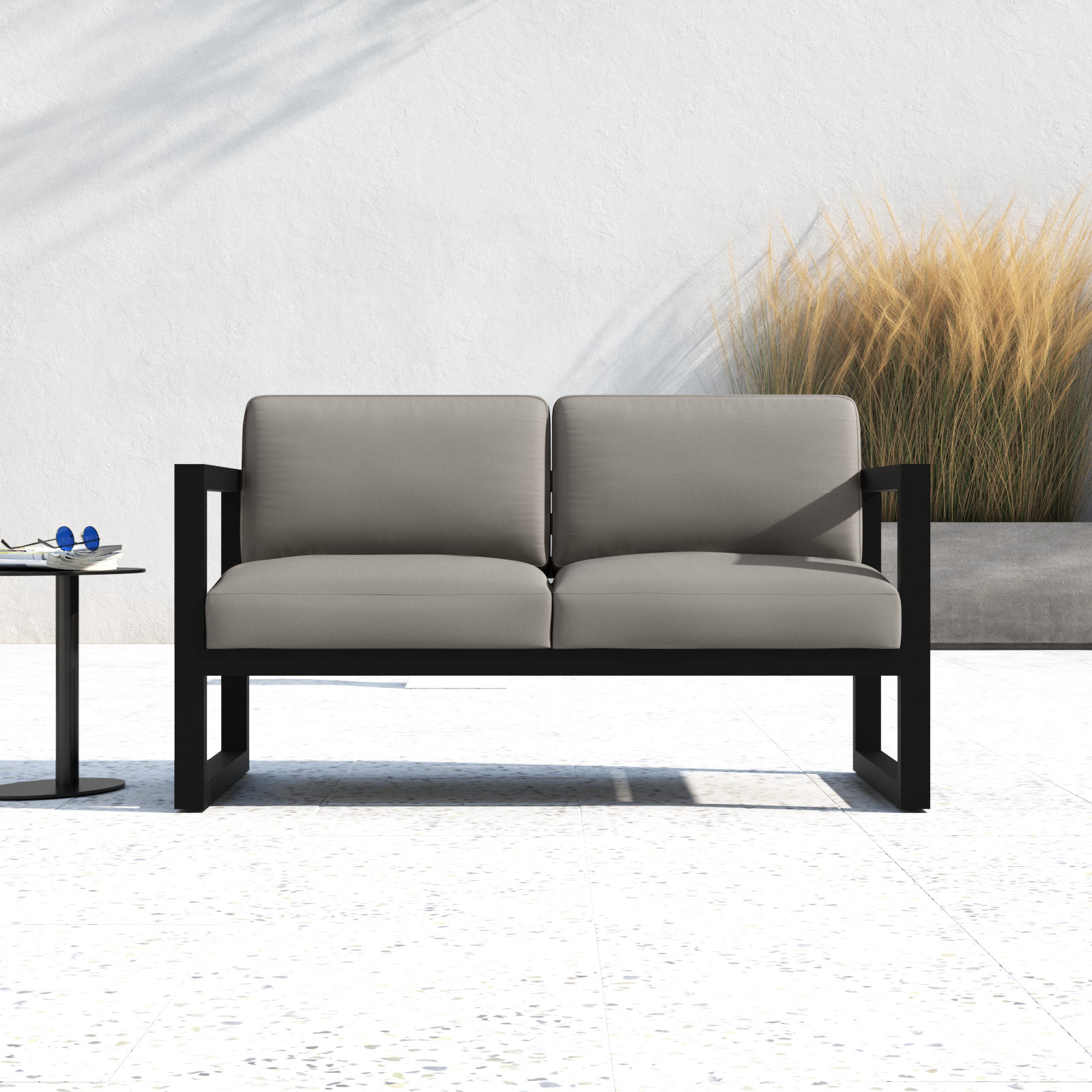 Smith 57" Outdoor Loveseat with Sunbrella® Cushions, Canvas Charcoal, Black