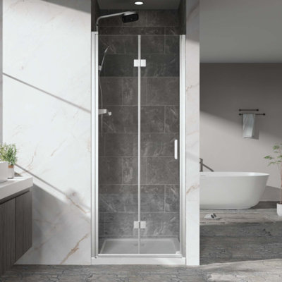 Portes de douche pivotantes, porte de douche battante pliante sans cadre, quincaillerie en verre trempé transparent de 1/4 po (6 mm), installation réversible