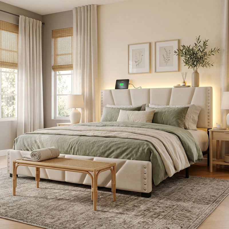 Lit plateforme de rangement en velours Queen Size avec tête de lit réglable en hauteur, éclairage DEL, station de recharge et espace de rangement sous le lit de 30 cm (11,8 po). Sommier non requis.