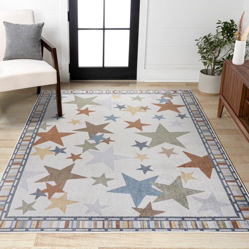 Tapis ivoire / bleu / orange lavable à la machine Bergvin Star Gazer, Rectangle 3 pi 3 po x 4 pi 11 po