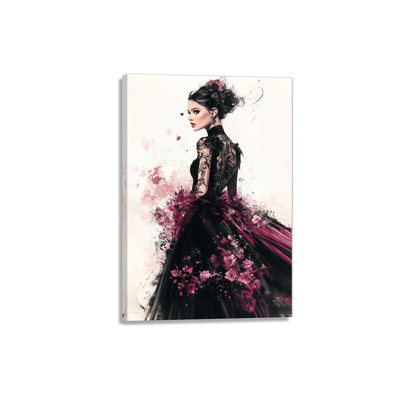Elegant Woman Canvas Wall Art Black Dress Fashion Woman Picture Painting Print Beautiful Girl Wall Decor for Bedroom Living Room Hallway Decoration(Artwork-1,16"x24")